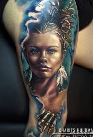 Portrait of colorful Indian woman tattoo in leg realism style