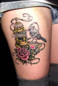 Thigh color birdcage rose bird teacup tattoo pattern