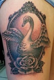 Thigh black and white swan and frame with rose tattoo pattern