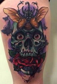 Thigh color skull with rose and insect tattoo pattern