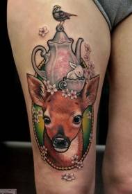 Thigh deer flower and cup bunny tattoo pattern