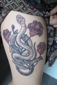 Thigh black snake with red flower combination tattoo pattern