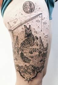 Thigh engraving style black wolf with architectural tattoo pattern