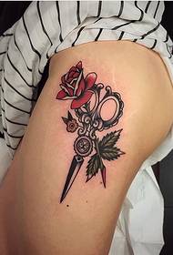 Thigh painted old school rose scissors tattoo pattern