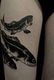 Thigh simple black ink wind fish tattoo pattern