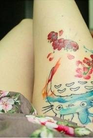 Thigh asian cartoon color animal with red flower tattoo pattern