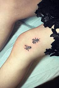 Thigh small fresh two bee sting tattoo pattern