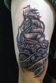 Thigh black gray squid with sailboat tattoo pattern