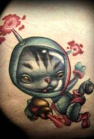 Stehenná kreslená kreslená vesmírna mačka a tetovanie laserovou pištoľou