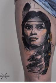 Colorful Indian woman tattoo in leg sketch style