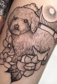 Thigh engraving style black dog with flower tattoo pattern