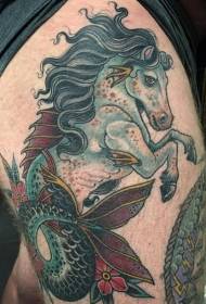 ပေါင်ကိုယ်ရည်ကိုယ်သွေးမြင်းပေါင်းစပ်ငါးအမြီးကိုယ်ရည်ကိုယ်သွေးခြယ် tatoo ပုံစံ