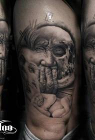 Γκρι γκρι ρολόι και πονηρή μωρό γυναίκα πορτρέτο μοτίβο τατουάζ