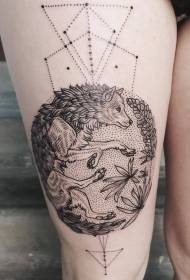 Thigh engraving style black prick geometric plant wolf tattoo pattern