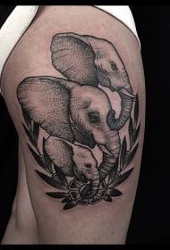 Thigh engraving style black elephant family tattoo pattern