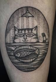 Small elliptical sting fish and cat tattoo pattern on the thigh
