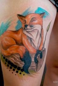 Thigh illustration style smiling fox tattoo pattern