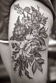 Patrón de tatuaje de flor de tinta gris de pierna