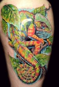 Thigh natural realistic color chameleon tattoo pattern