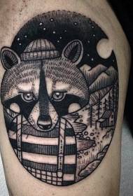Thigh engraving style black funny raccoon forest tattoo pattern
