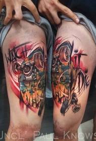 Leg color doodle style skateboard lettering tattoo