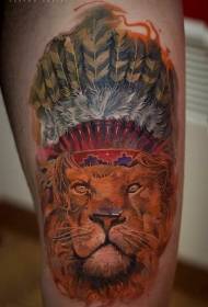 Leg color Indian helmet lion tattoo pattern