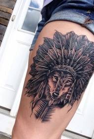 Uzorak tetovaža glave vučje glave s indijskim perjem