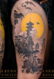 Velké rameno olejomalba asijských horských lesů chrám tetování vzoru