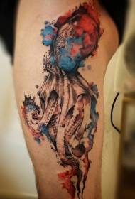 Thigh splash ink watercolor style octopus tattoo pattern