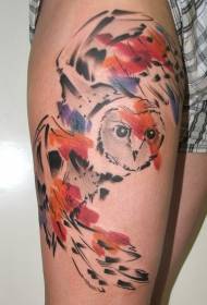 Leg watercolor style owl tattoo pattern