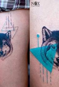 Leg combination color wolf head geometric tattoo pattern