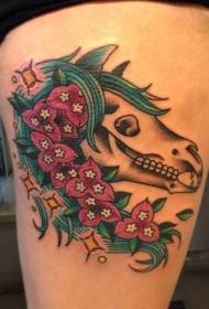 Leg color horse skull with flower tattoo pattern