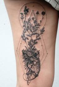 Thigh engraving style black lizard with plant geometric tattoo pattern