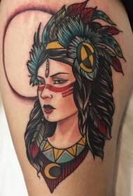 Modello di tatuaggio di bella donna tribale vecchia scuola coscia ritratto