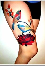 Thigh bright color bird and flower tattoo pattern