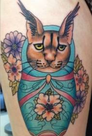 Color illustration style thigh wildcat doll and flower tattoo pattern