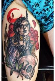 Leg new style devil woman flower and skull tattoo pattern