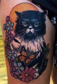 Illustration style colored thigh cat with flowers and butterflies thigh tattoo pattern