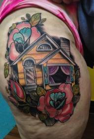 New style colored thigh rose old house tattoo pattern