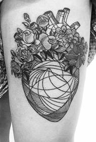 Thigh black line heart and flower personality tattoo pattern
