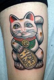 Coxa, gato da sorte, estilo japonês, padrão de tatuagem colorida