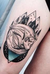 Leg carving style sleep fox with night forest tattoo