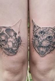 Будно страшно црно маче череп со три очи мачка тетоважа шема