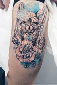 Thigh sketch style colored fox with rose tattoo pattern