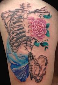 Thigh skeleton skull flower splash ink tattoo manuscript