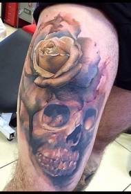 Leg water color rose and human skull tattoo pattern