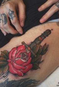 Thigh old school European at American rose pattern ng dagger tattoo