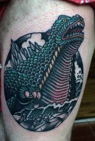Thigh painted Godzilla tattoo pattern