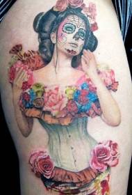 腿色墨西哥女人與花紋身圖案