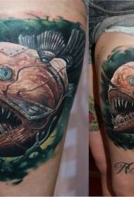 Thigh realistic style color mysterious evil mechanical fish tattoo pattern